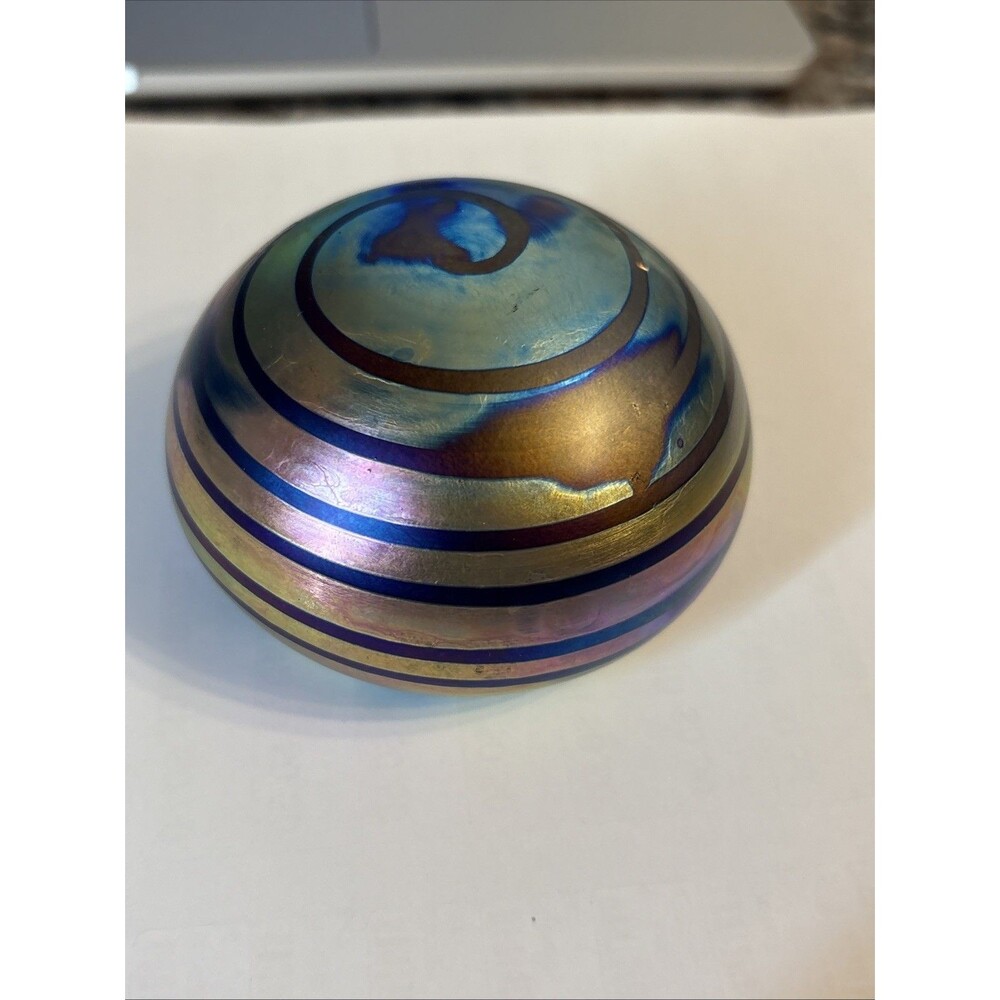 Vintage Levay handblown glass art paper weight threaded iridescent Cobalt Blue